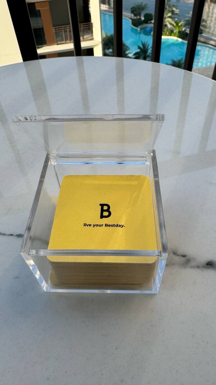 Bestday Topics card deck in open acrylic box